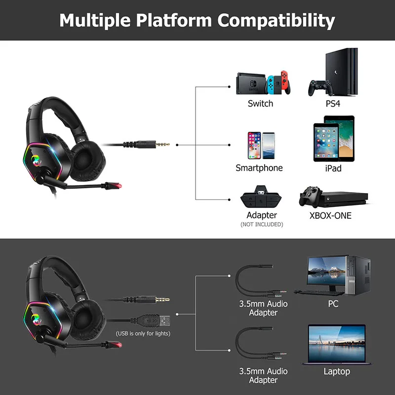 7 1 Professional Gaming Headset Headphones with Microphone for PC Computer for Xbox One Gamer casco Surround Sound RGB Light