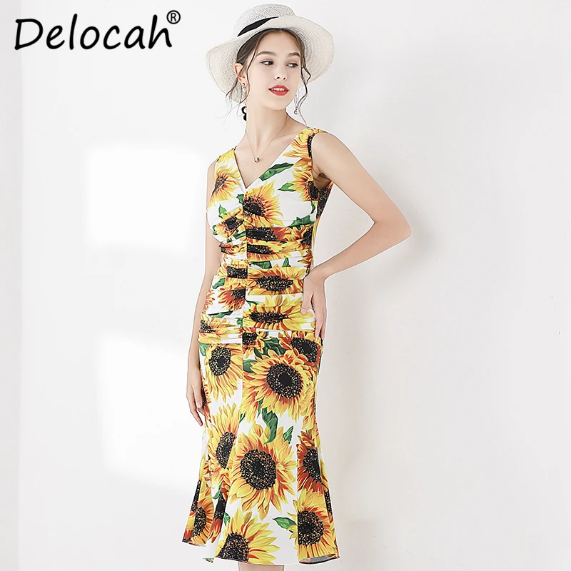 Delocah модное осеннее платье миди женские с v образным вырезом принтом подсолнуха