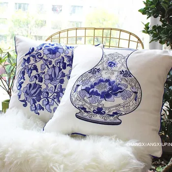 

blue and white porcelain Pastoral Floral Cushion Chinese cotton sofa cushion home decor Rectangle pillow cover drop shipping