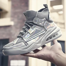 IGxx/высокие ботинки для мужчин; кроссовки на воздушной подушке; Повседневная дышащая обувь из искусственной кожи и сетчатого материала; мужская обувь на плоской подошве; мужские мотоциклетные ботинки на шнуровке; цвет белый, серебристый