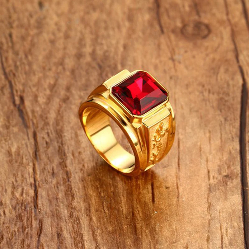 Classic Big Red/Blue Rhinestone Stone Rings For Men Jewelry Gold Color Stainless Steel Party Male Bands