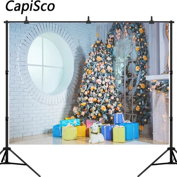 

Capisco Photography Background Christmas Tree White Brick Wall Round Window Gift Deer Gift Baby Backdrops For Photo Studio