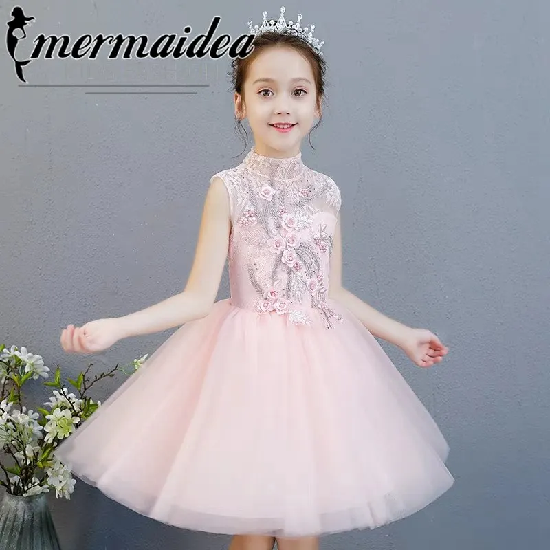pink short dress Летнее милое кружевное платье розового/серого цвета с цветочной аппликацией для маленьких девочек на день рождения, вечеринку детское Сетчатое платье, подарок - Цвет: pink short dress