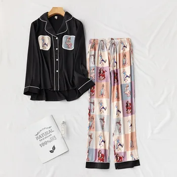 

Print Nightwear Female Casual Black Sleepwear Pajamas Suit Nightgown Turn Down Collar Novelty Silky Home Clothing Negligee