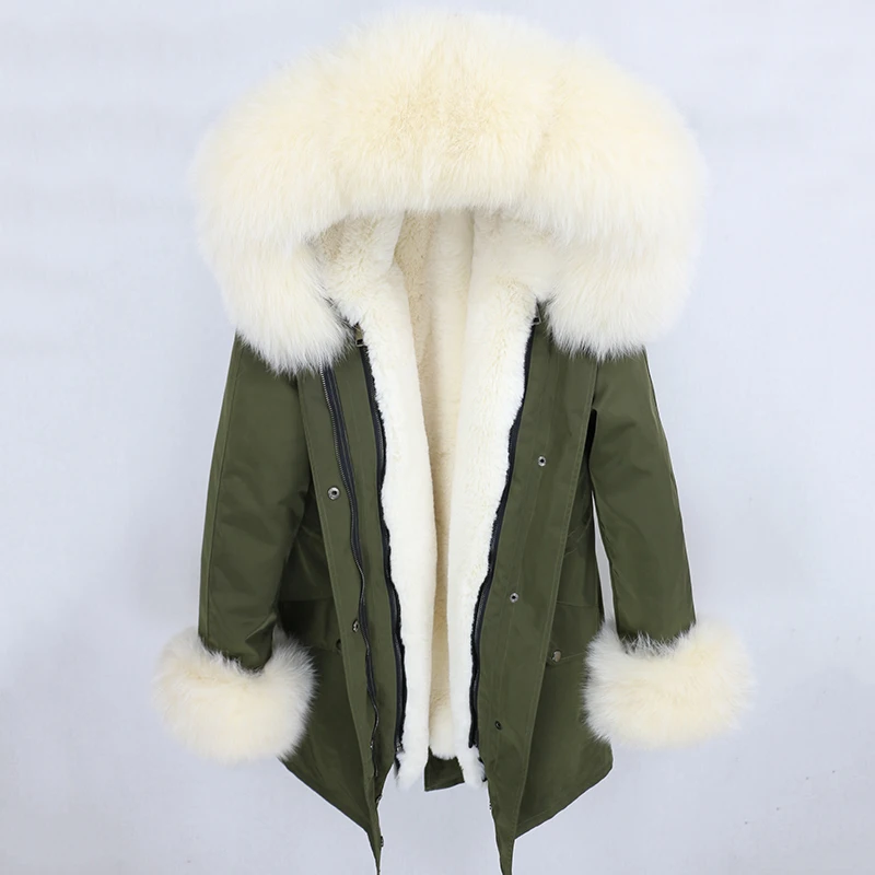 green beige Новая водонепроницаемая парка зимняя куртка Для женщин пальто из натурального меха, сапоги на натуральном лисьем меховой капюшон, воротник манжеты Теплая верхняя одежда в уличном стиле - Цвет: green beige