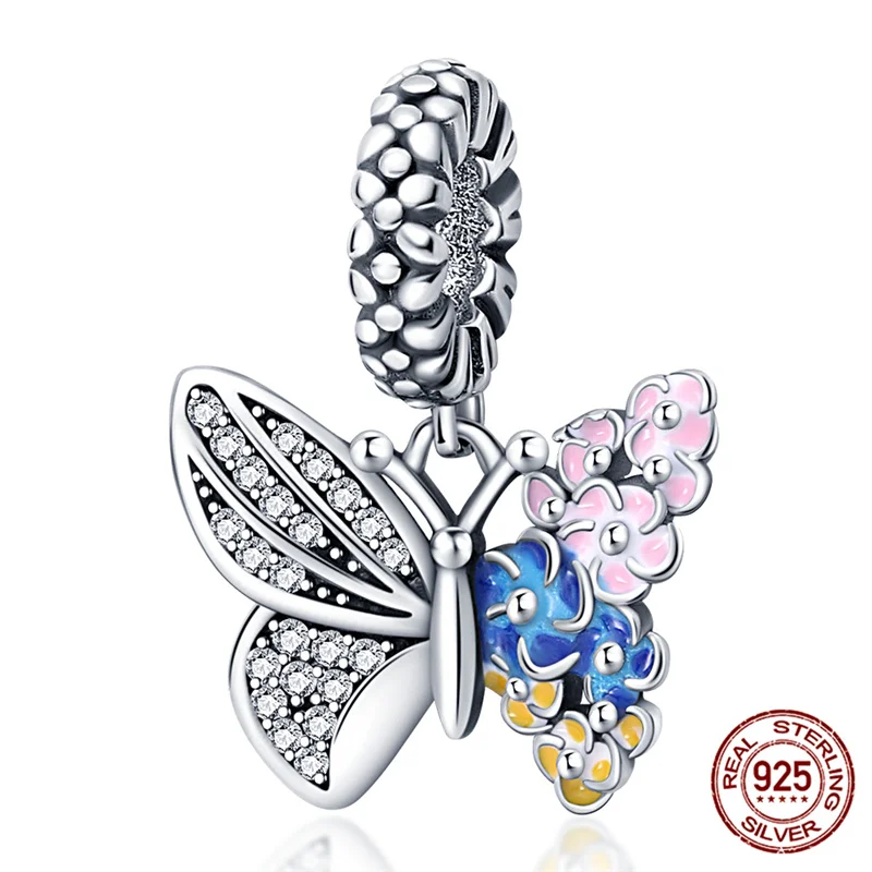 Hot Sale 925 sterling silver Flower Butterfly Charms keychain Beaded Fit Original pandora 925 Bracelet DIY Jewelry for women