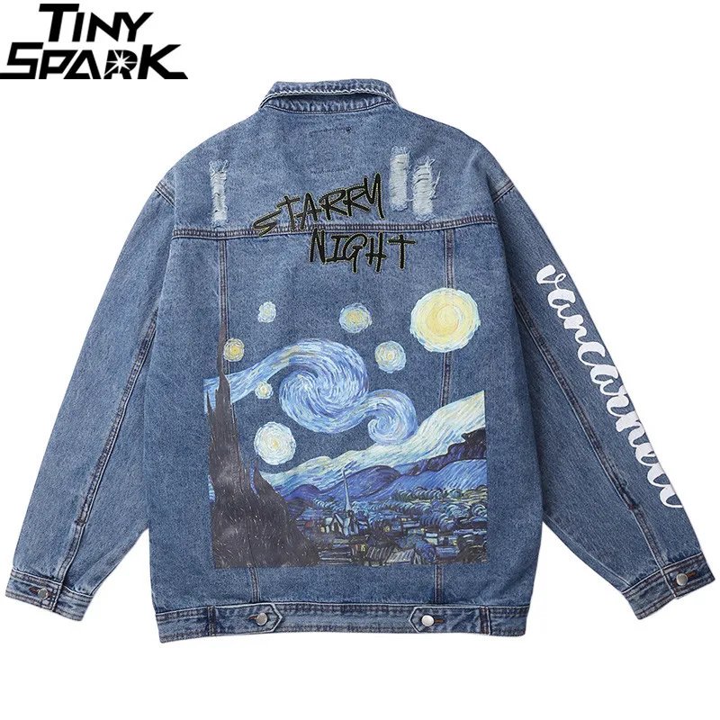 

Vincent Van Gogh Streetwear Denim Jackets Hip Hop Men Vintage Ripped Holes Denim Jean Jacket Coat Harajuku Bomber Jacket Cotton