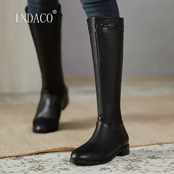 

Plus Size Women Winter Boots Leather Thigh High Boots Off White Women Low Heel Knee High Boots Round Toe Back Zipper