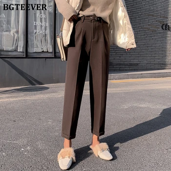 

BGTEEVER 2019 Winter Thick Female Woolen Pants High Waist Belted Pockets OL Style Suit Pants for Women 2019 Winter Warm Trousers