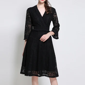 

BGW Sexy V Neck Black Lace Cut Out Mother Of The Bride Dress Three Quarter Sleeves A Line Mom Wedding Guest Dress 2020 Plus Size