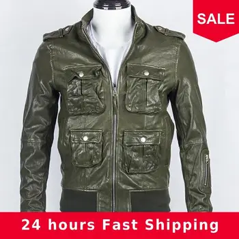

2020 Green Men Four Pockets Casual Leather Jacket Plus Size XXXL Genuine Thin Sheepskin Russian Spring Natural Leather Coat