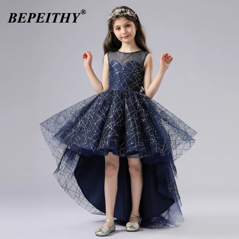 BEPEITHY vestido azul marino de cuello redondo para niña, vestido Alto y Bajo sin mangas de tul brillante, vestidos bebés y niños, para bodas, fiestas de cumpleaños|Vestidos floreados de niña| -