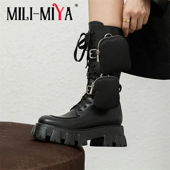 

MILI-MIYA Fashion Brand Design Women Mid-Calf Cow Leather Boots Flat With Round Toe Zipper Lace-Up Solid Color Martin Shoes