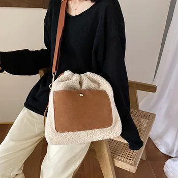 

Fashion Patchwork Pu Leather Bucket Bag Women Winter Lamb Plush Shoulder Messenger Bags Large Capacity Women Handbag Female 2019