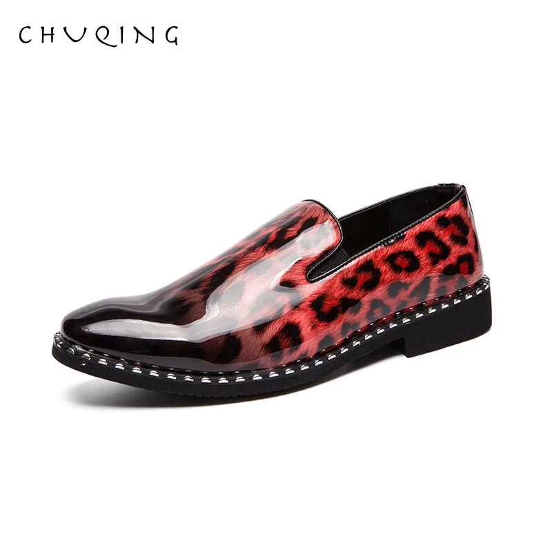 

Mens Dress Slides Zapatos Fashion Business Casual Leopard Print Bright Leather Shoes