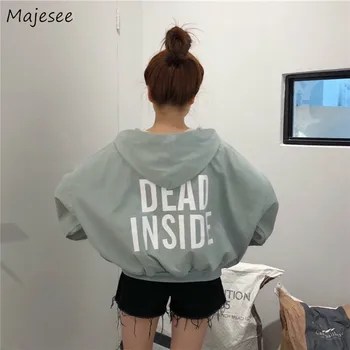 

Jackets Women Letter Printed Loose Zipper Hooded Simple All-match Harajuku Korean Style Womens Clothing Fashion Jacket Females