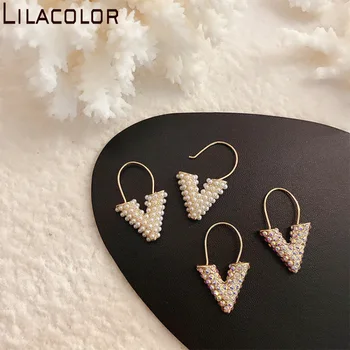 

Lilacolor Pearls Zircon Geometric V Shape Drop Earrings for Women 2020 New S925 Silver Pins Girls Party Wedding Ear Jewelry