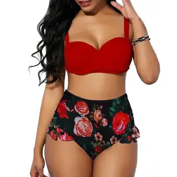 

Retro Women's Floral Bikini Set Push Up Bra Bandage Ruffled High Waist Bottom Biquini Swimsuit Beachwear
