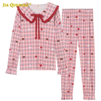 

Spring Autumn Homesuit Homeclothes Sleepwear Fashion Style Turn Down Collar Long Sleeve Long Pants Pj S Woman Plaid Printing