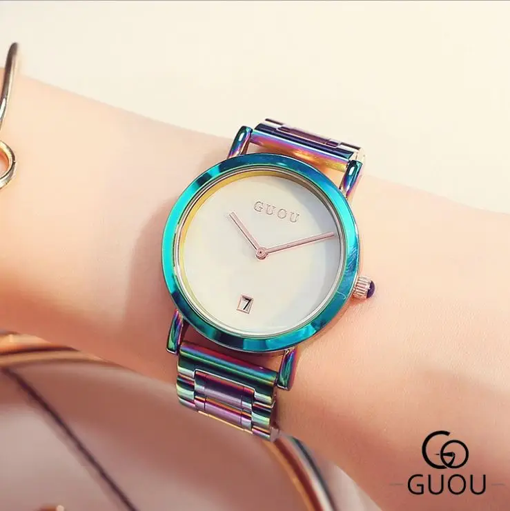 

GUOU Simple Ladies Watch Colorful Elegant Female Clock No Scale Stainless Steel Chain Strap Calendar Time Fashion Women Watch