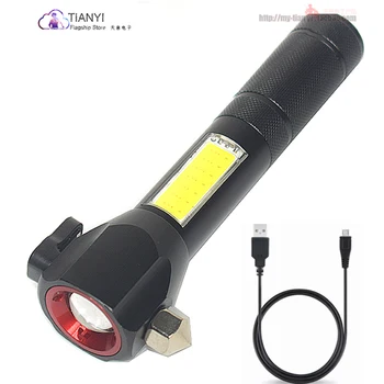 

Glare lighting LED flashlight with side light broken window hammer survival rechargeable built-in battery flashlight