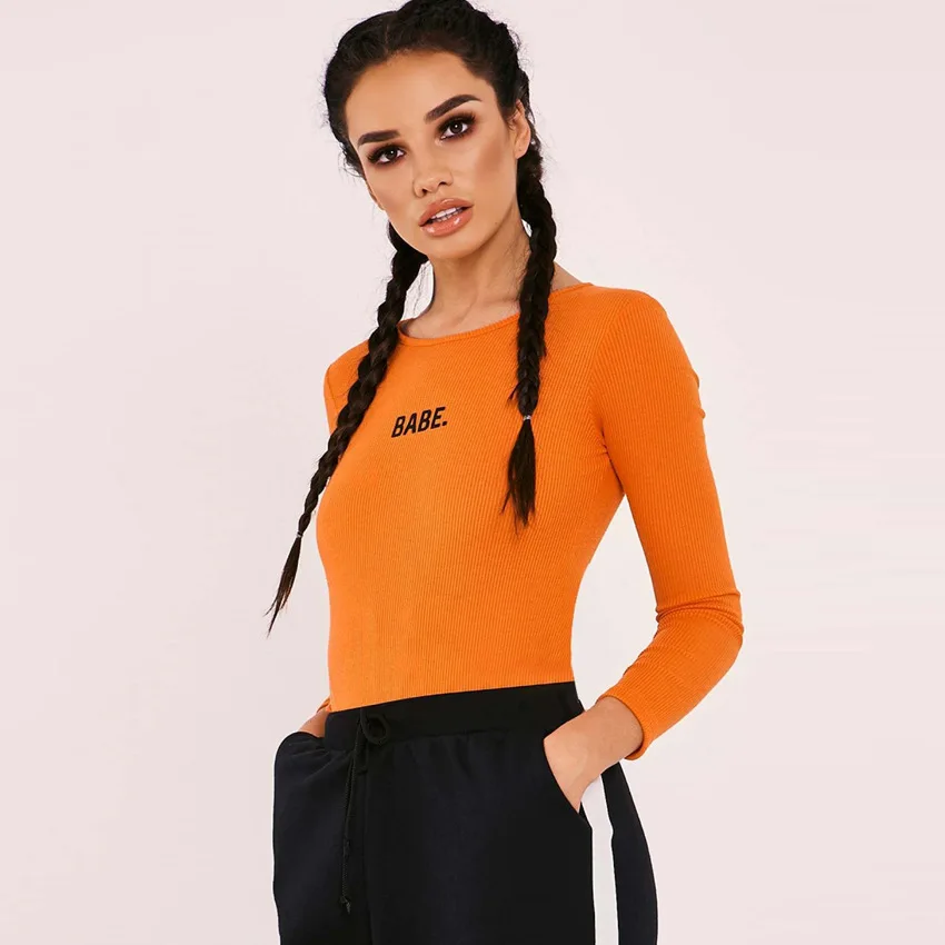 bodysuit long sleeve O-neck Neon bodycon Slim Body Top Letter pattern clothes Streetwear for women Sexy bodysuits