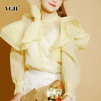 

VGH Casual Patchwork Bow Women Shirt Stand Collar Lantern Long Sleeve Loose Ruched Perspective Blouse For Female Fashion Clothes