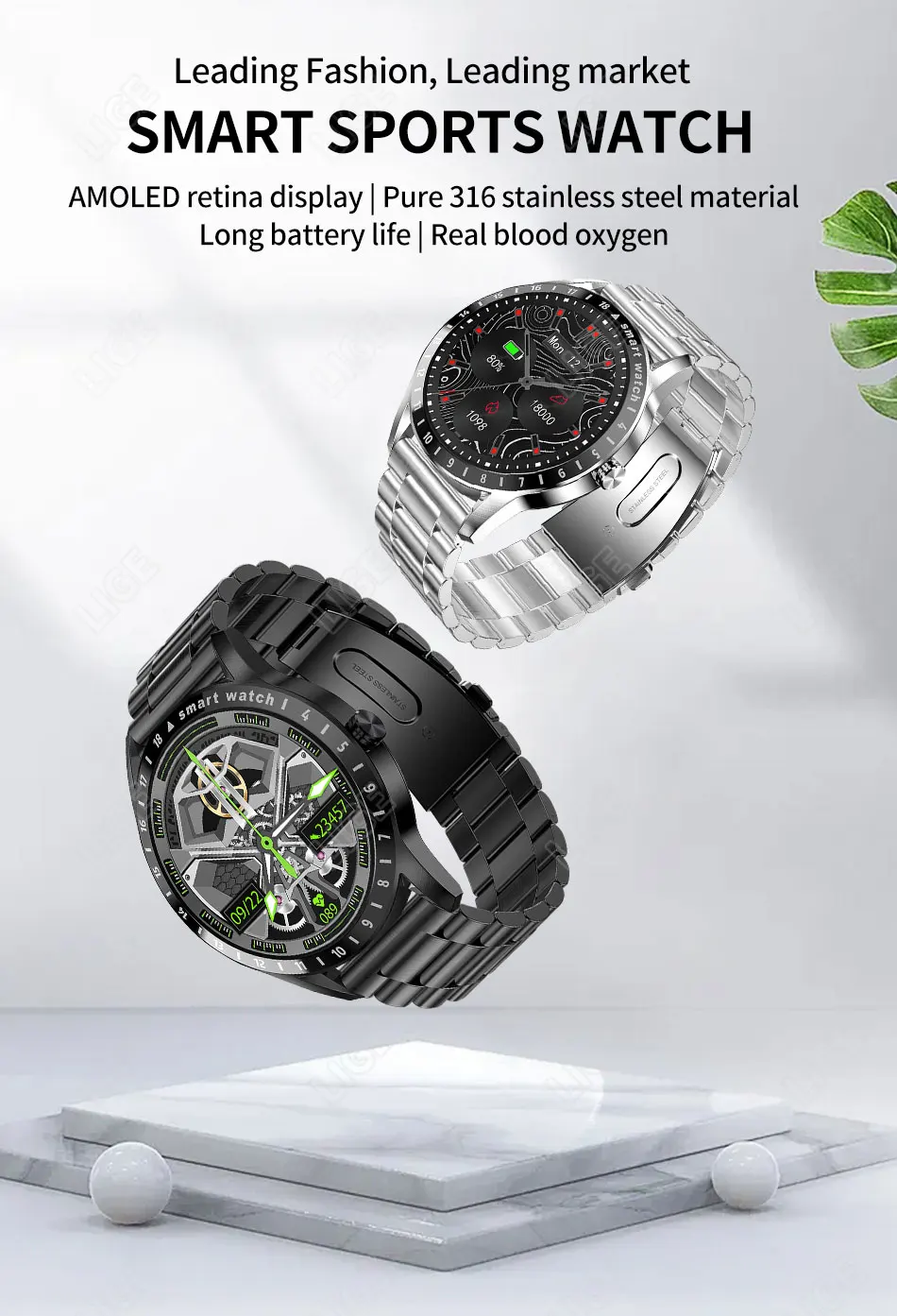 LIGE 2022 New Full Touch Round AMOLED Screen Smart Watch Men Sport Fitness IP68 Waterproof Mens Bluetooth Smartwatch Android iOS