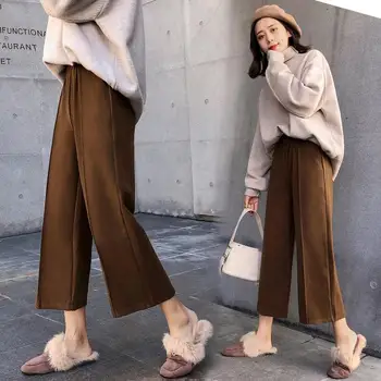 

Women's Solid Color Woolen Nine-Point Pants Autumn Winter High Waist Elastic Waist Casual Loose Straight Pants