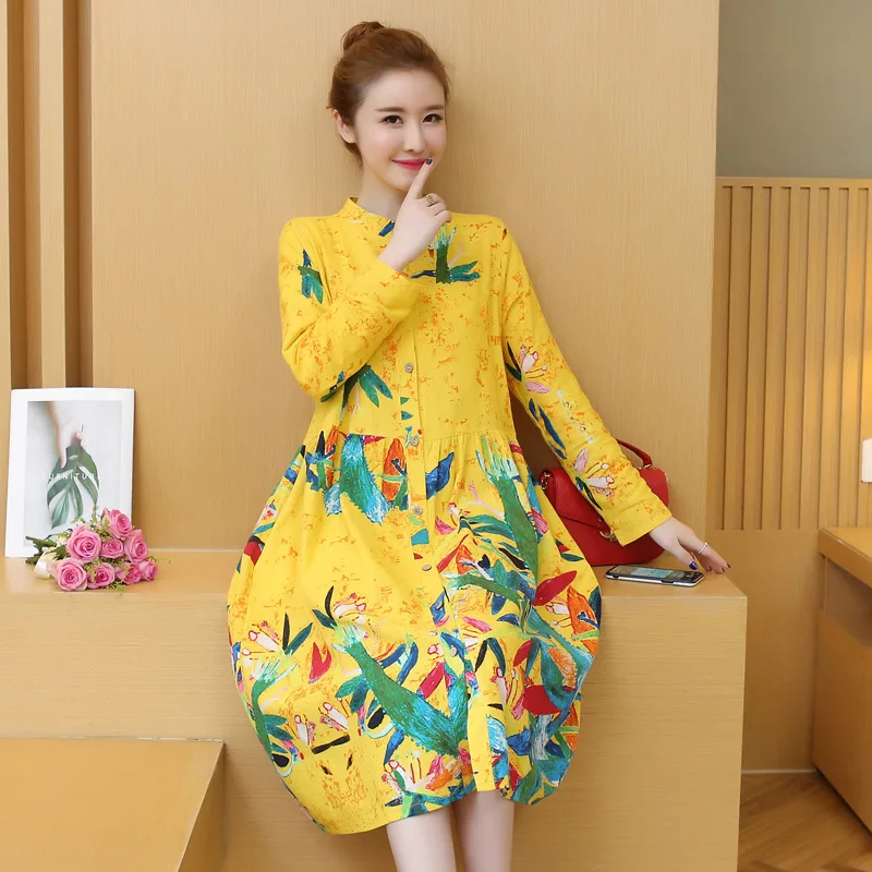 

Shirt Dress 2019 Spring New Style Ethnic-Style Large Size Dress Mid-length Long Sleeve Cotton Linen Printed Big Hemline Dress