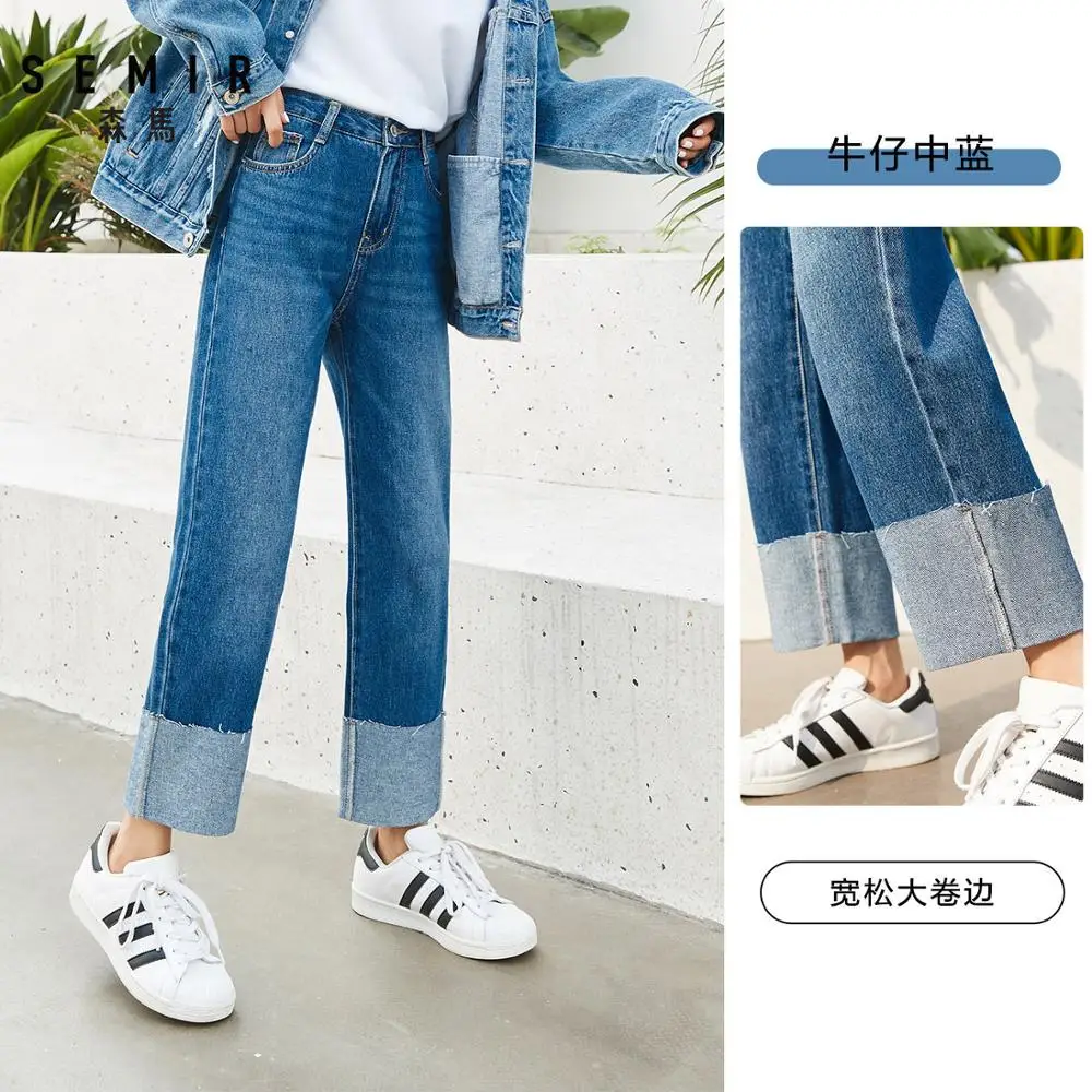 SEMIR женские потертые джинсы с высокой посадкой прямые для девочек укороченные