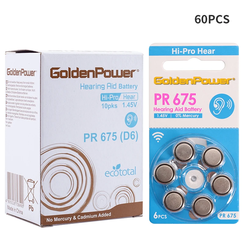 60pcs/1box Pr675 Hearing Aid Battery Pr10/pr13/pr312 Batteries A10/a13