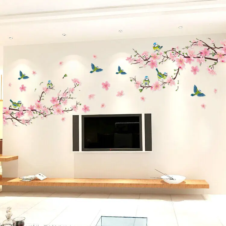 

Hot Selling 3D Pink Removable Peach Plum Cherry Blossom Flower Butterfly Vinyl Art Decal Wall Home Sticker Room Decor