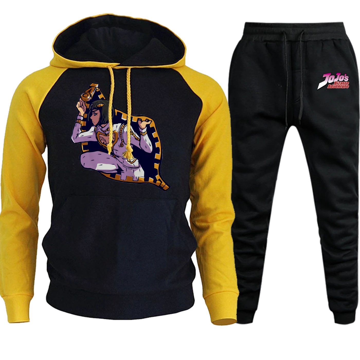 JoJo Необычные Приключения Новые Осень Зима толстовки мужские толстовки с рукавом реглан мужской костюм забавный флис с капюшоном+ брюки комплект из 2 предметов - Цвет: 6 yellow black6