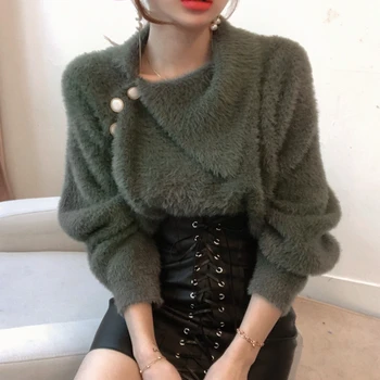 

WICCON 2020 New Autumn Winter Women Sweaters Pullover Minimalist Knitted Elegant Turn-down Collar Vintage Ladies Tops Cn(origin)