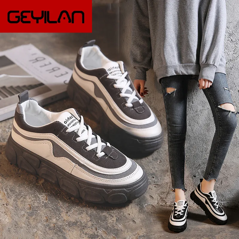 

2020 new women's shoes spring casual shoes lace up round toe vulcanize shoes platform sneakers student comfortable flats Y1012