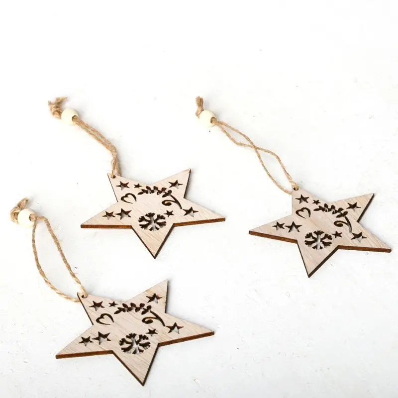 3pcs/set Christmas Tree Star Hanging Pendant with Rope Beads Ornament Wooden DIY Crafts Party Decor Gifts 634E