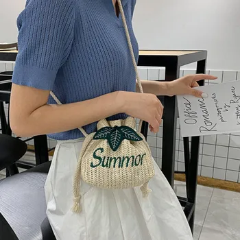 

Fashion Women's Woven Drawstring Bag Drawstring String Straw Weave Messenger Bag English Embroidered Word Shoulder Bag