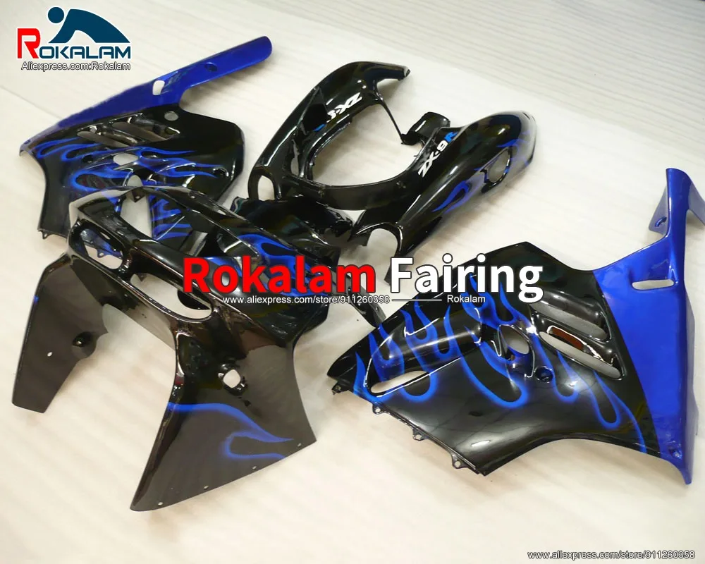 

Халлы для Kawasaki Ninja ZX9R 1994 1995 1996 ZX-9R 94 95 96 97 комплект обтекателей мотоциклов с черным и синим пламенем