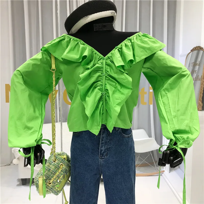 Женская блузка с V образным вырезом оборками|Рубашки| |