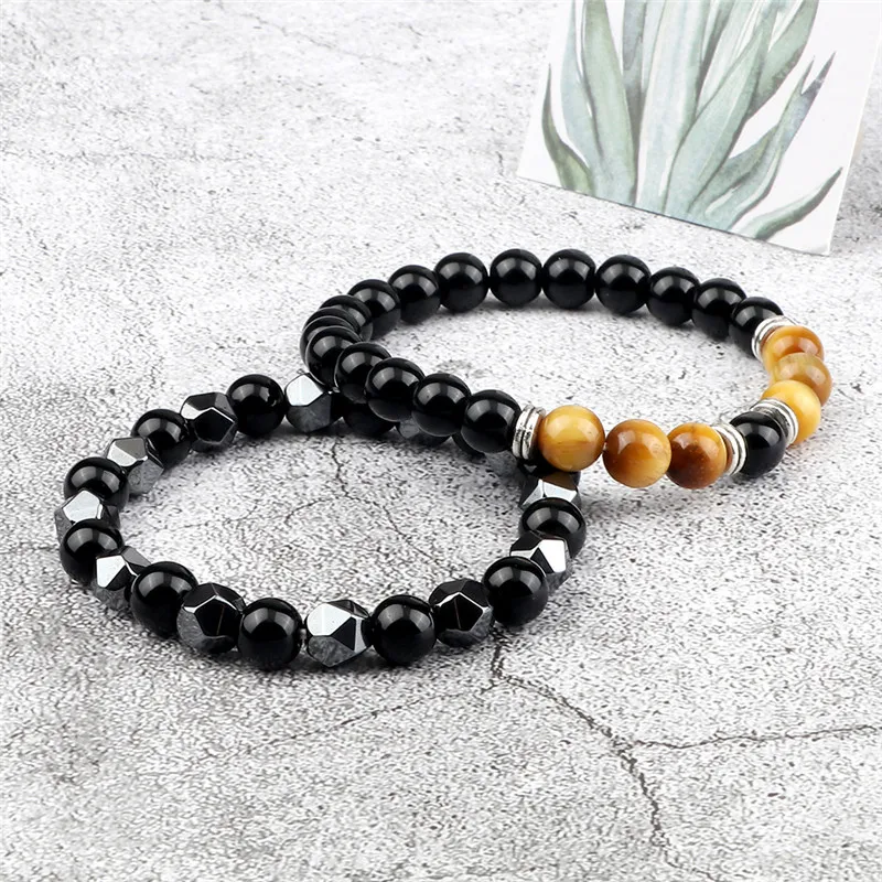 2pcs Irregular Hematite Lava Stone Bracelet Men Fashion 8mm Natural Tiger Eye Beads Couples Bracelets for Women Friends Jewelry