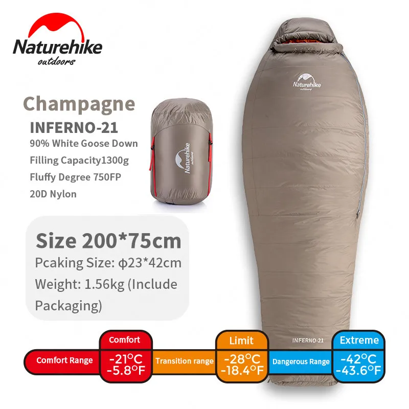 Профессиональный зимний уличный походный спальный мешок-21 градусов, теплый, 750FP, утолщенный, гусиный пух, спальный мешок для мам - Цвет: INFERNO-21  1300G