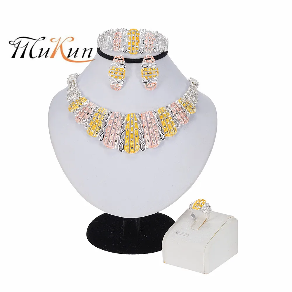 MUKUN 2020 New Indian Jewelry Sets Multicolor Bridal Wedding Big Crystal Dubai Gold for Women Necklace Earrings | Украшения и