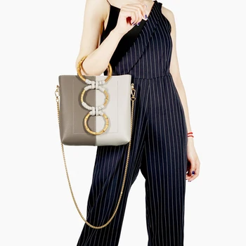 

Luxury Wood Ring Handle Ladies Handbag Hit Color Chain Crossbody Bags For Women Pu Leather Stitching Shoulder Shopping Pouch