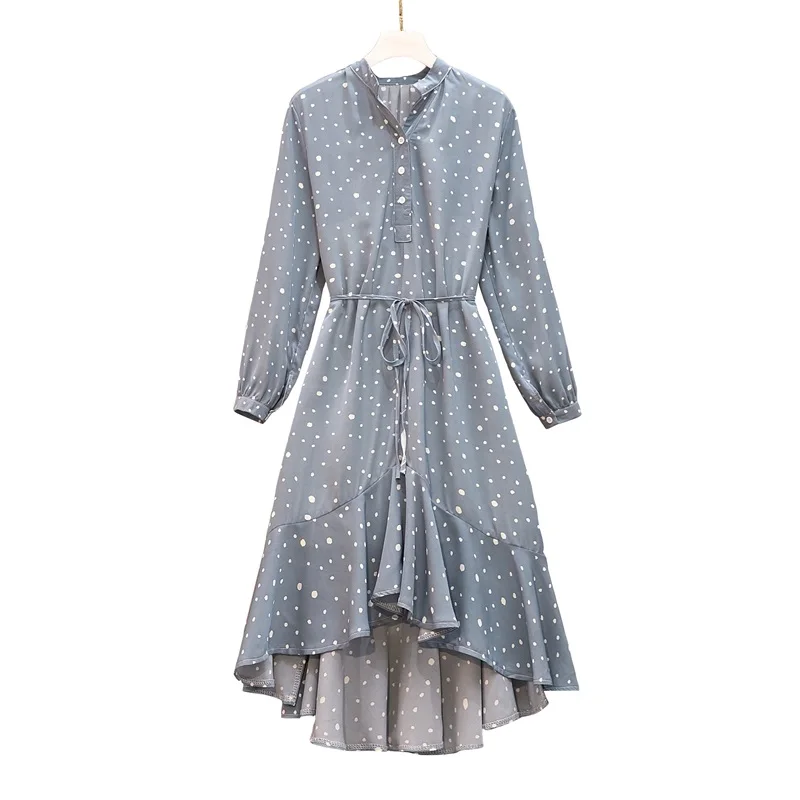 L-4XL размера плюс женское гофрированное платье Meimaid осень модное платье в горошек с длинным рукавом свободное повседневное шифоновое платье-рубашка