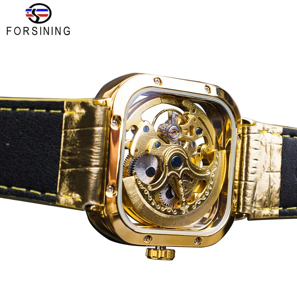 Forsining Fashion Gold Gear Movement Luminous Hands Gold Leather Transparent Mens Automatic Mechanical Watches Top Brand Luxury