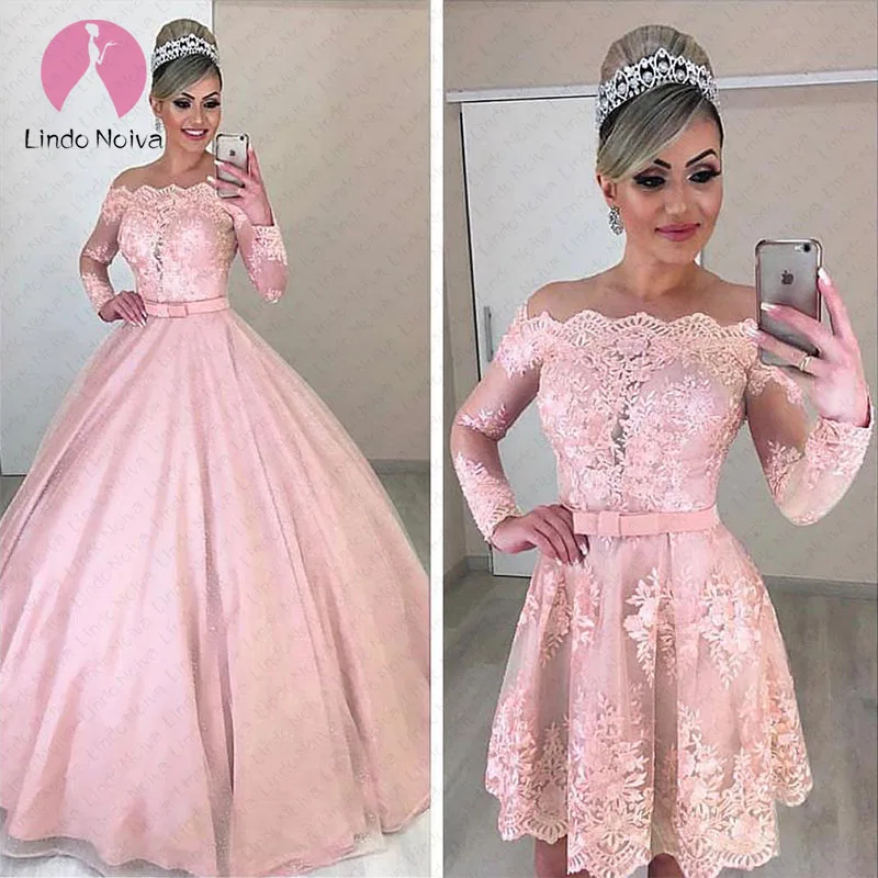 

Pink New Style Off The Shoulder Long Sleeves Tulle Lace A Line Wedding Dresses 2020 2 In 1 Bow Detachable Train Wedding Gowns