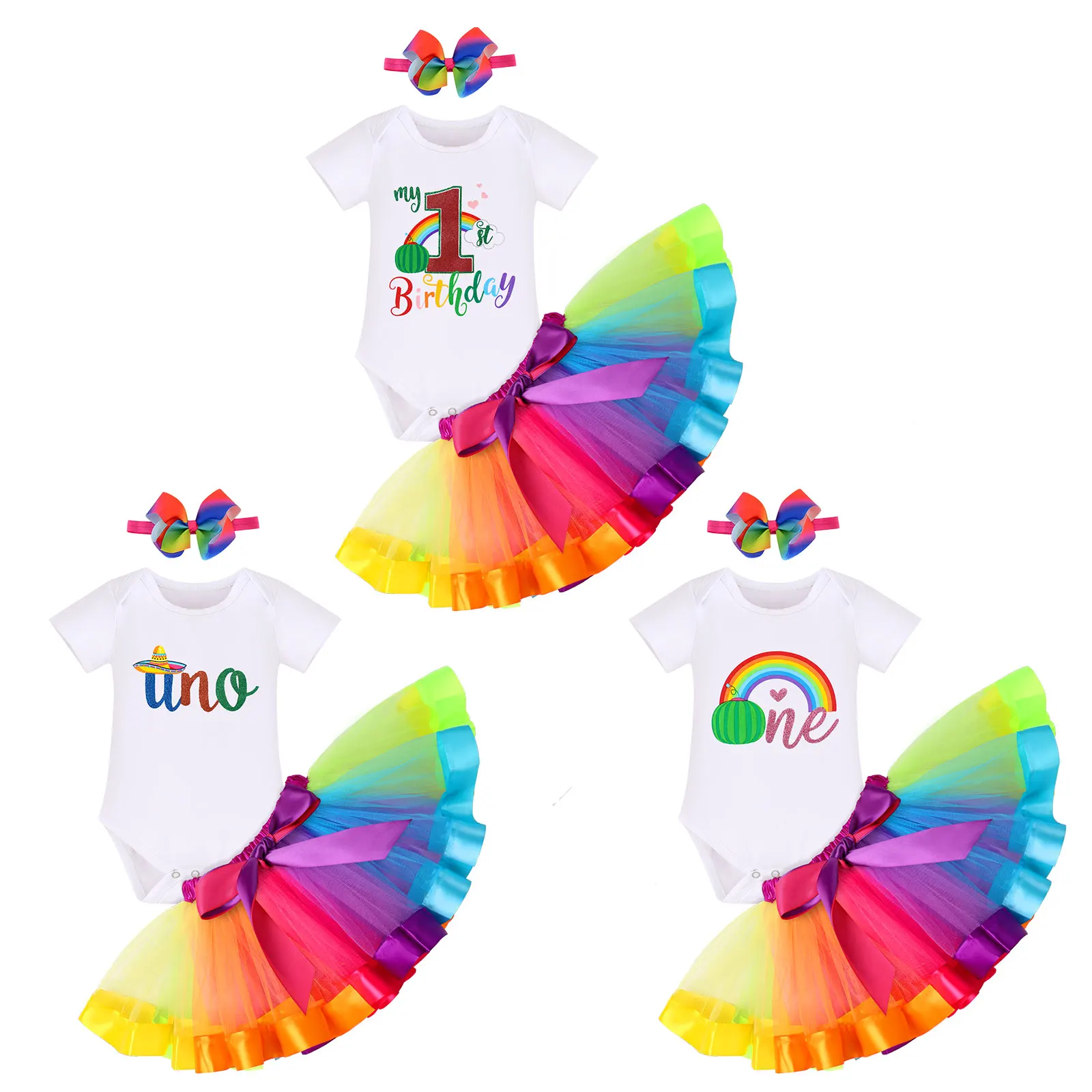 

1Y 2Y Newborn Baby Girls Dress Summer Birthday Party Tutu Skirt Outfits Rainbow Pattern Theme Activity Festive Cake Smash