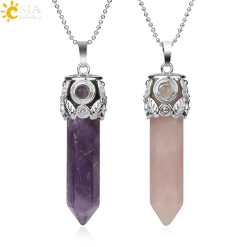 CSJA Natural Stones Healing Point Pendants Necklaces Leaf Hexagon Column Crystal Pillar Reiki Jewelry for Women Men Amulet G197