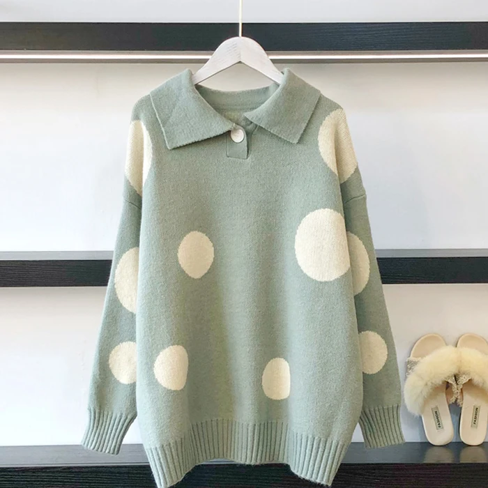 HF19198 Grey Blue H.SA Women Pink Pull Sweaters for Winter Knitwear Polka Dots Polo Neck Knit Jumpers Casual Streetwear Tops pull femme hiver - Цвет: HF19198 Grey Blue